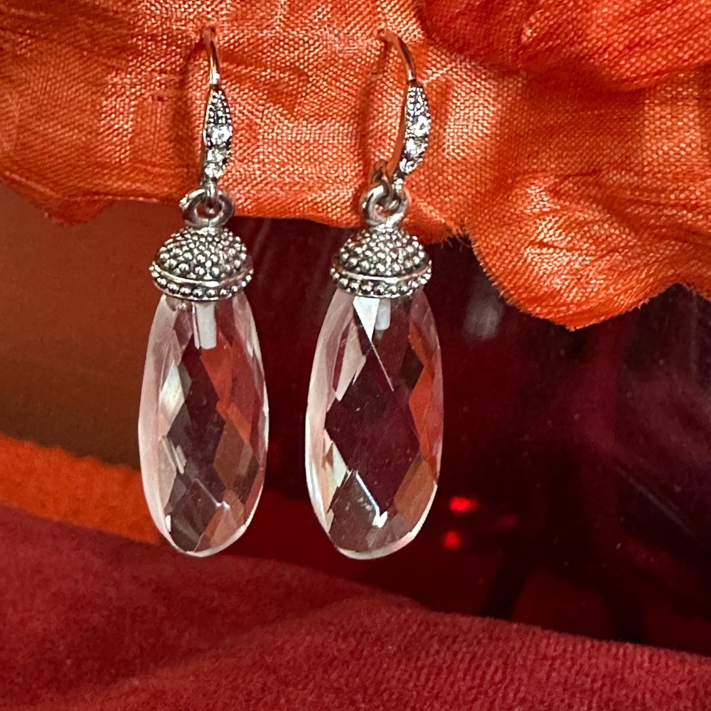 Vintage Clear Crystal Teardrop Dangle Earrings - Silver Tone